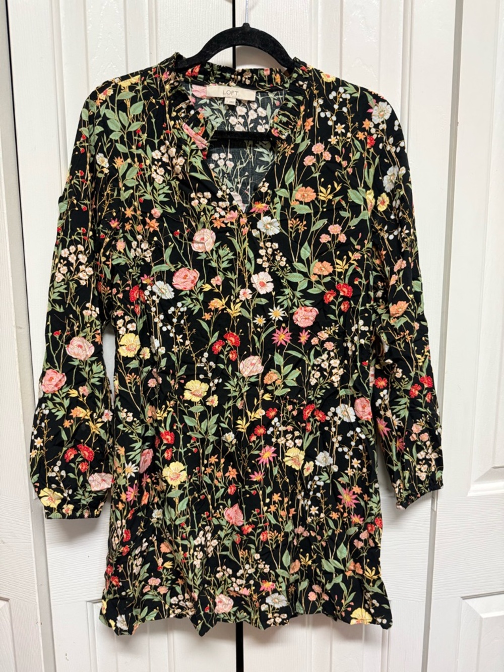 LOFT Black Floral Ruffle-Trim Dress
